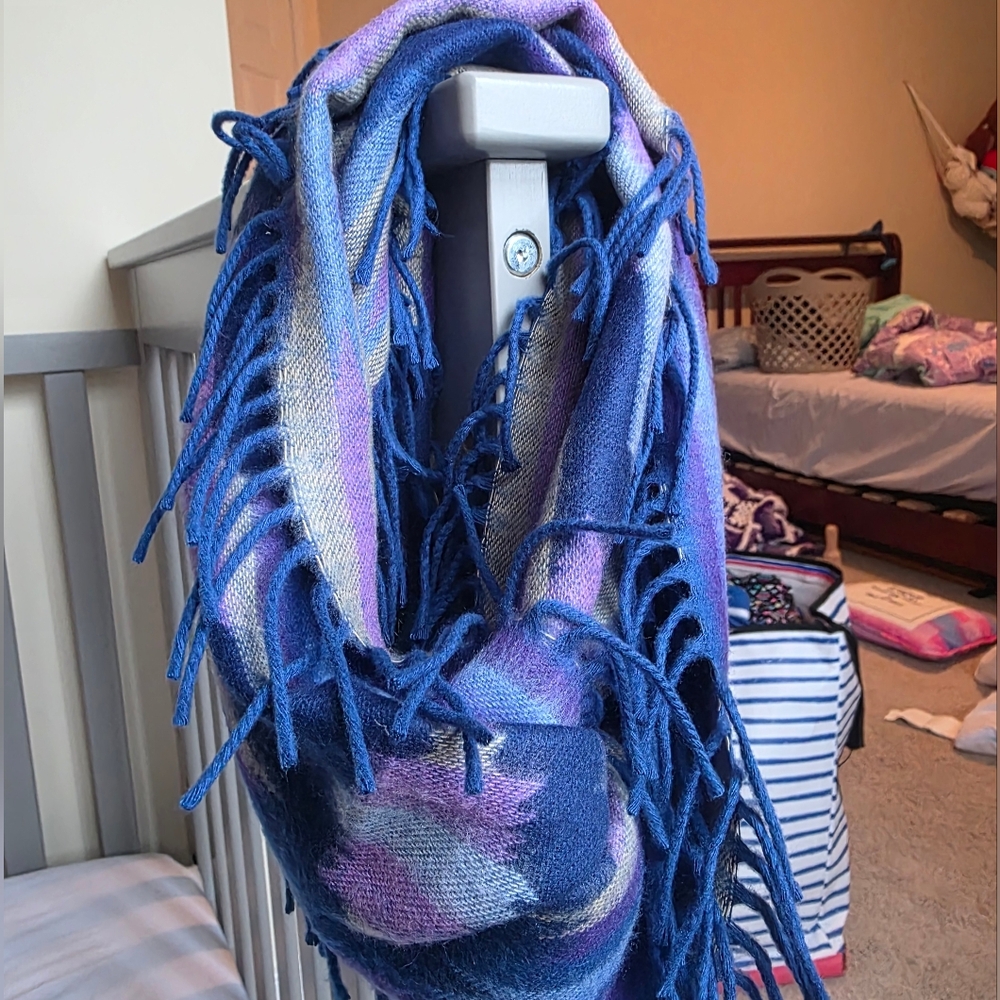 Fraas Blue and Purple Striped Cashmink Fringed Western Style Infinity Scarf NWT